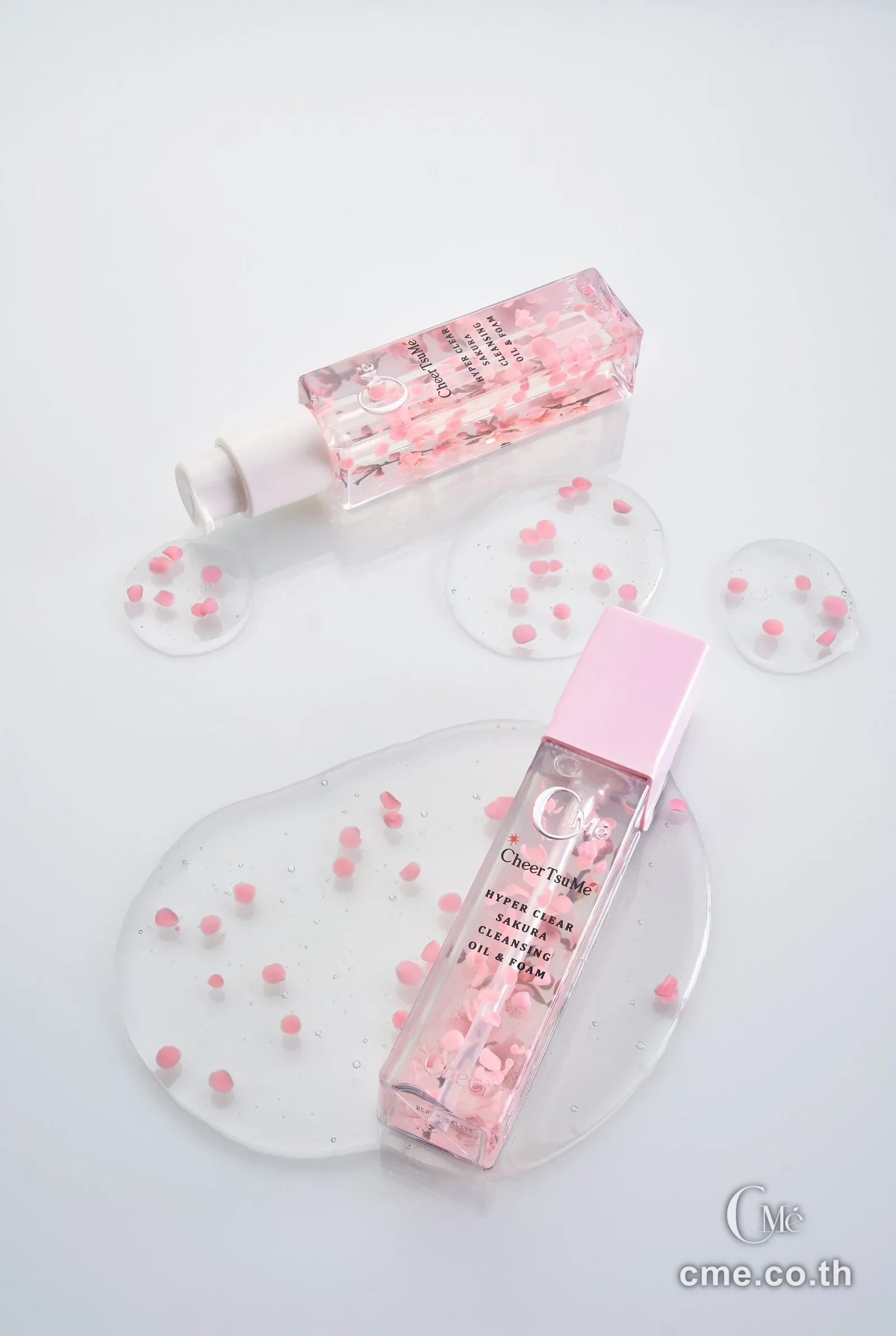 CMe Sakura Cleansing — product bottle with model showing brightened skin after cleansing